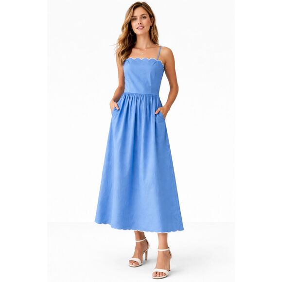 Charles Henry Dresses & Skirts - Charles Henry Blue Scallop Trim Poplin Midi Sundress Pockets Fit Flare L NWT